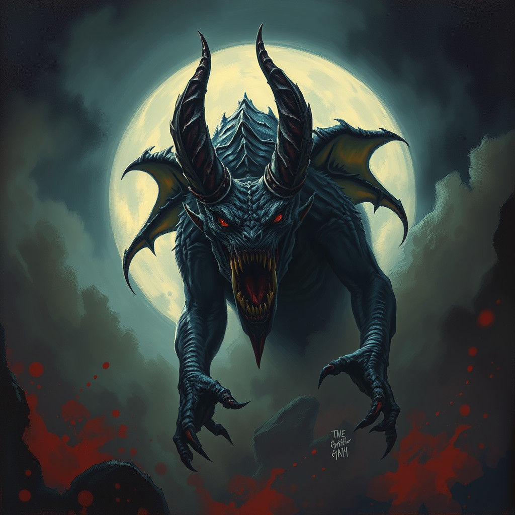 Demonic Beast Emerges from Mist: Oil Painting