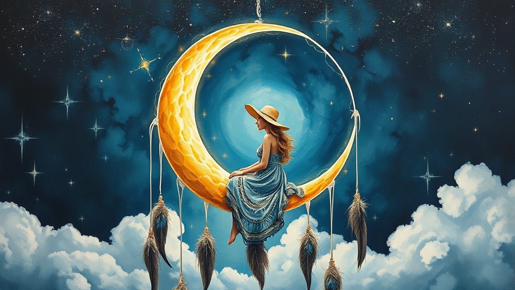 Ethereal Woman in Moon Dreamcatcher, Watercolour-Ink Style