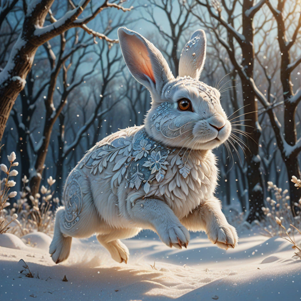Whimsical Fantasy Snow Bunny in Vibrant Winter Wonderland