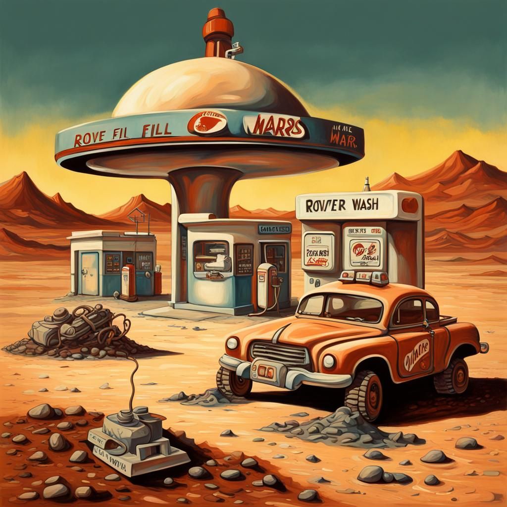 Gas Station on Mars in Surrealist Style