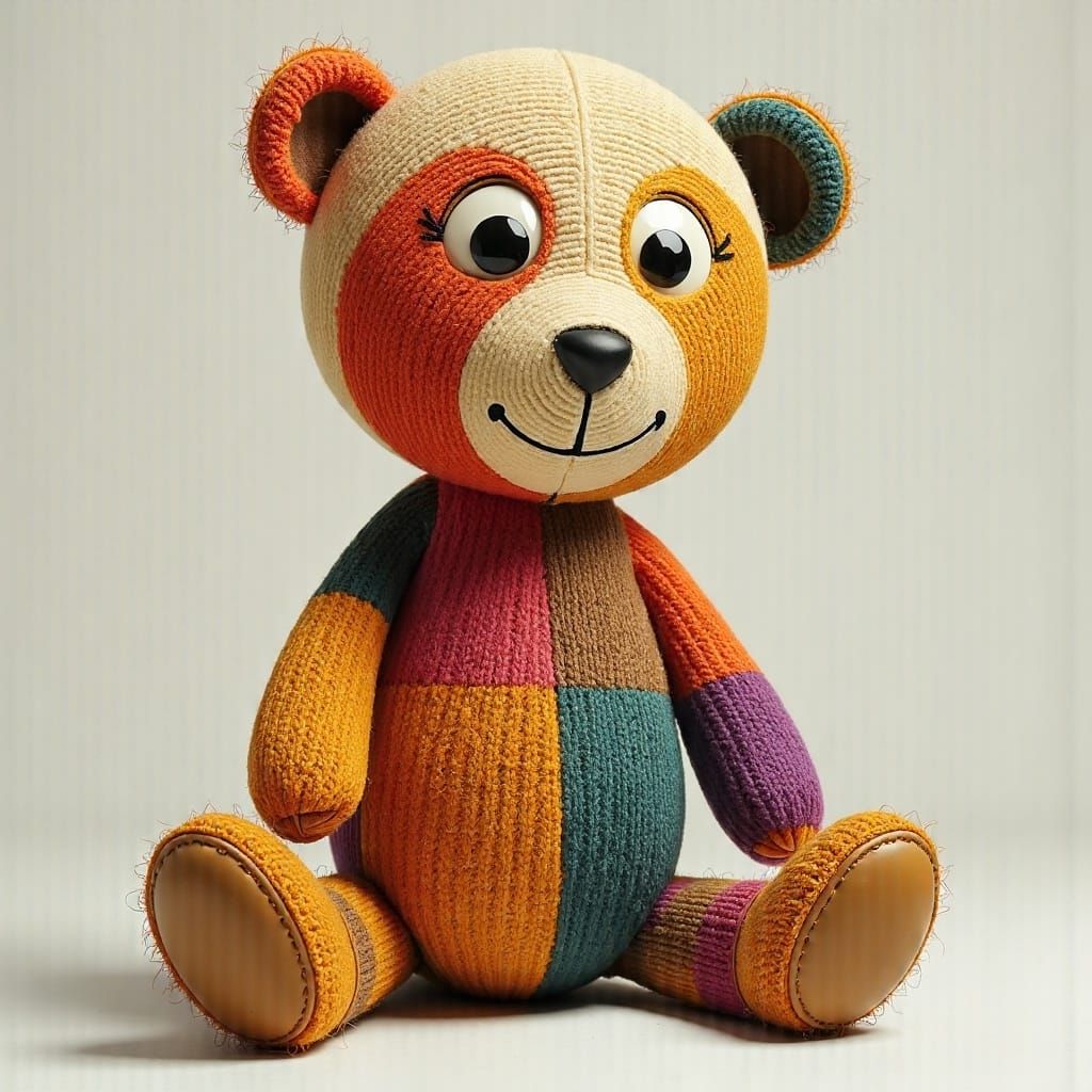 Patchwork Teddy Bear with Expressive Face and Button Eye