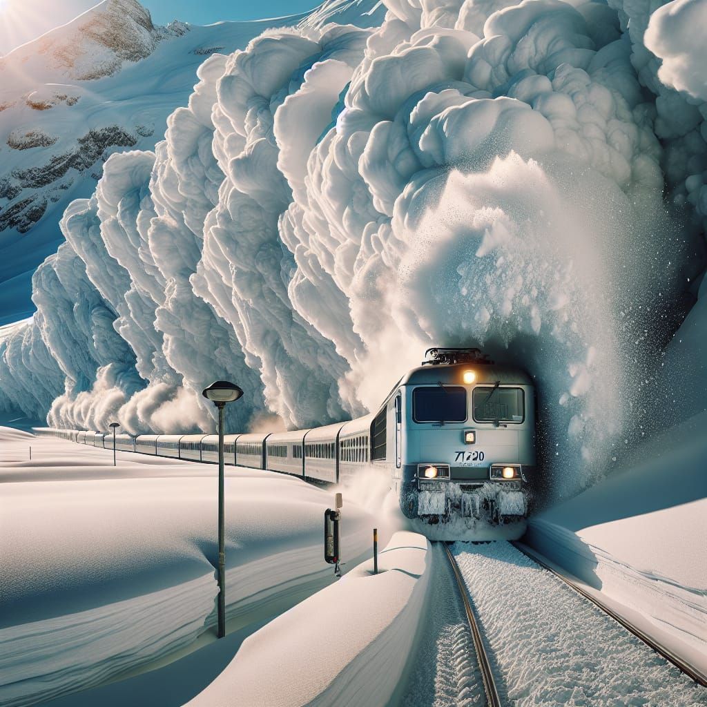 Alpine Train Bursts Through Deep Snow Drifts