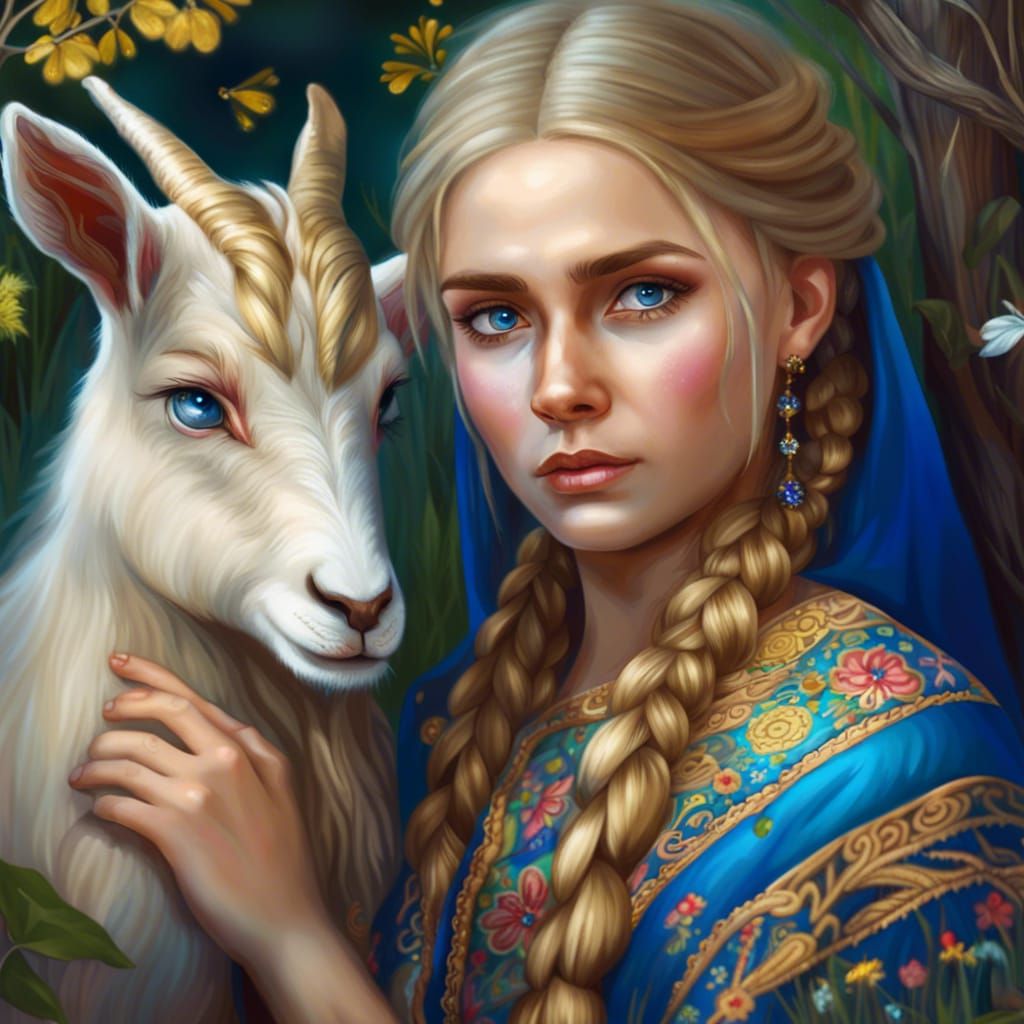 Sad Russian Girl with Goatling in Summer Glade