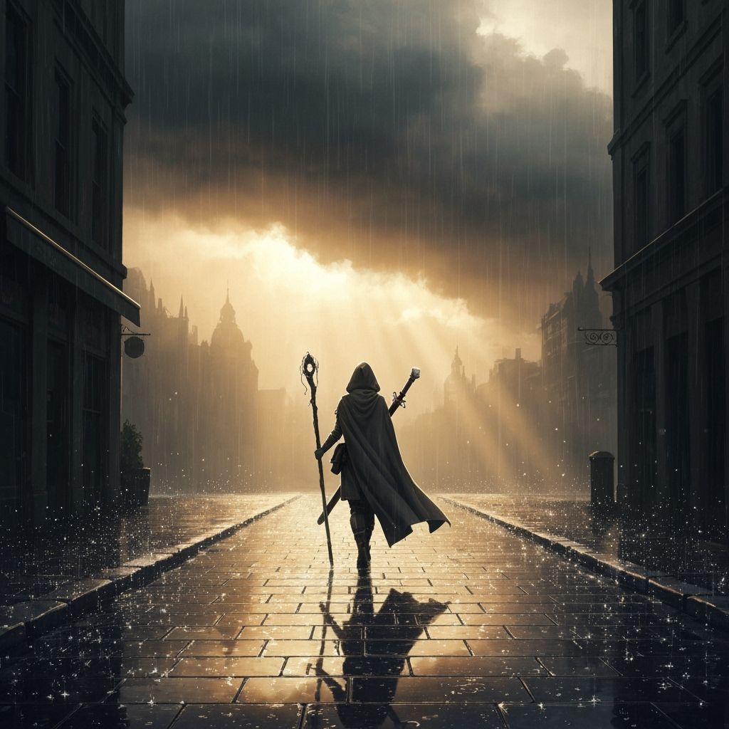 Lone Adventurer in Rainy Fantasy City