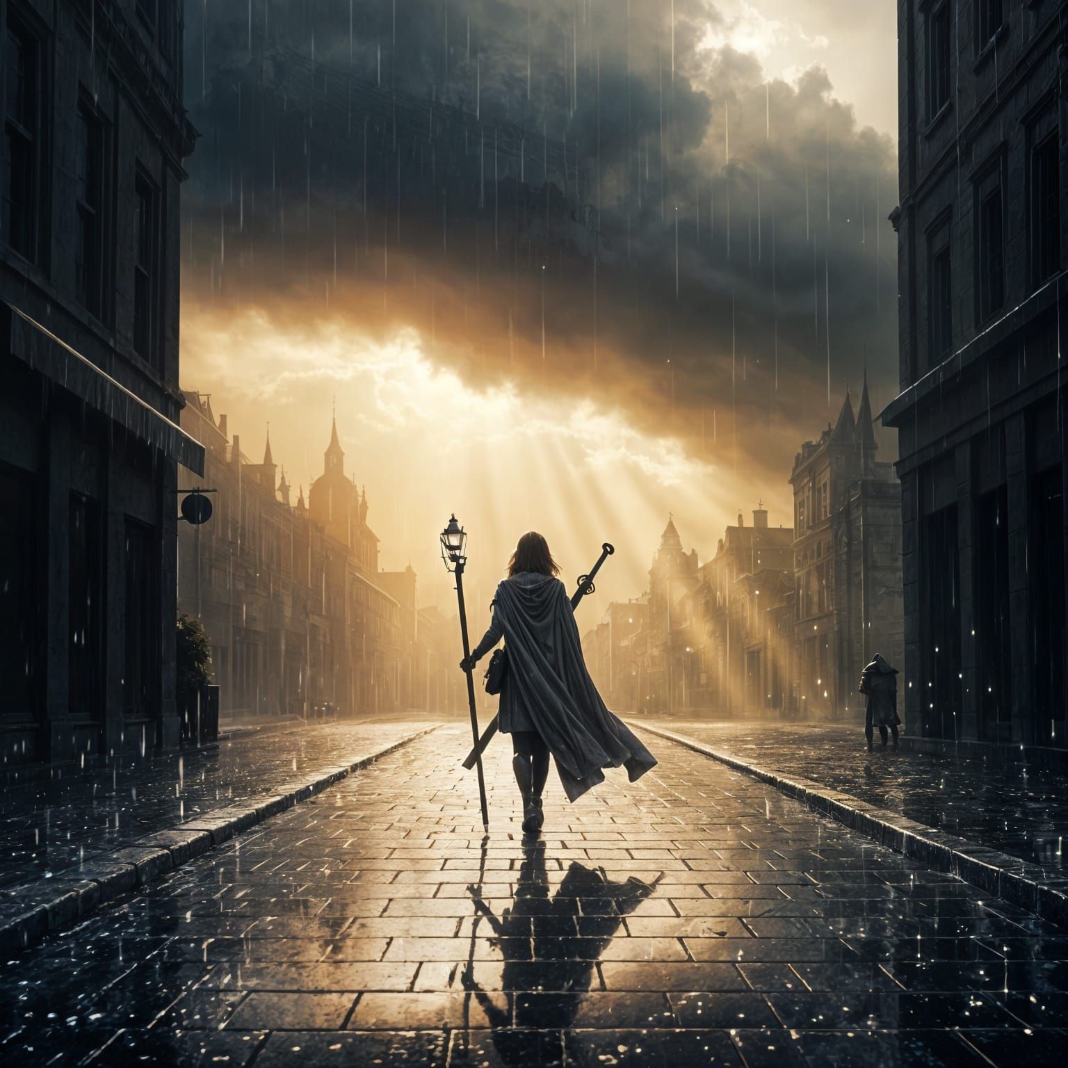 Lone Adventurer in Rainy Fantasy Cityscape