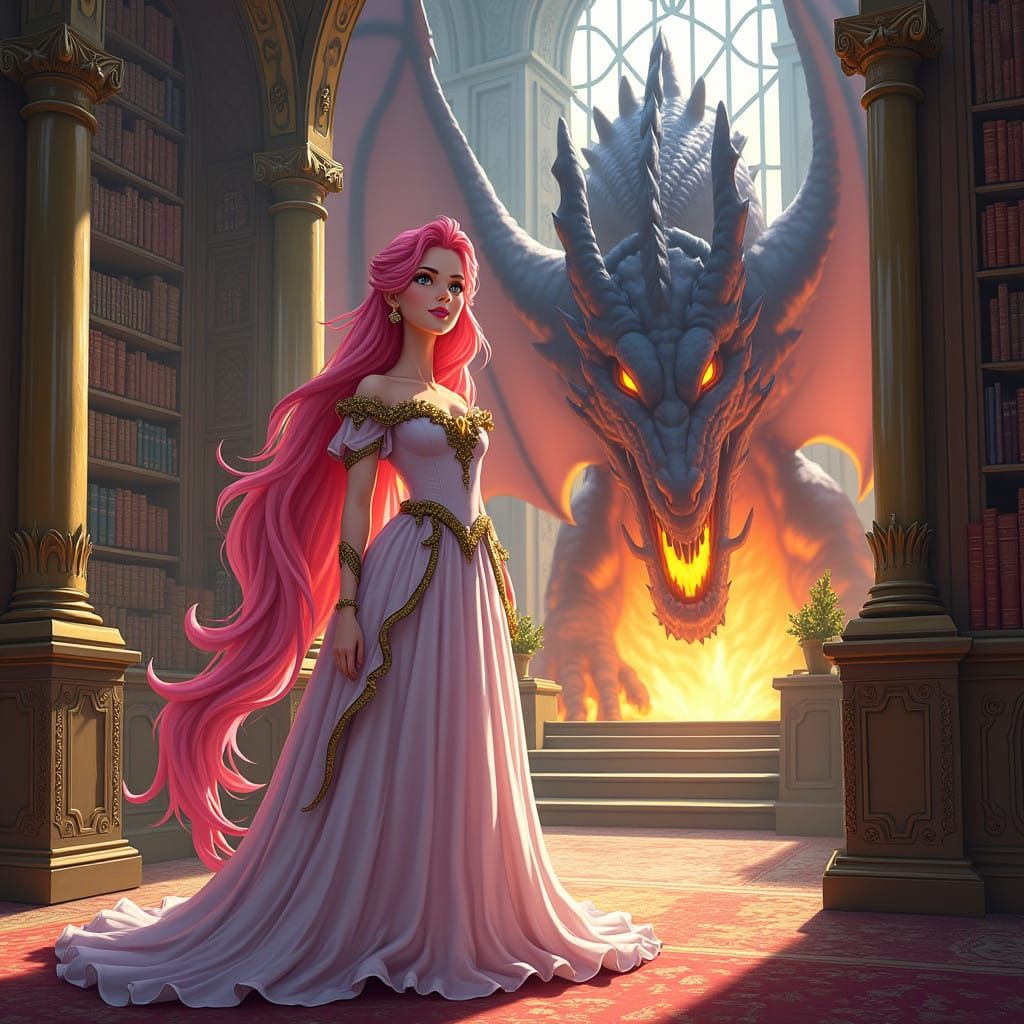 Regal Princess Defies Dragon in Vibrant Library Realm