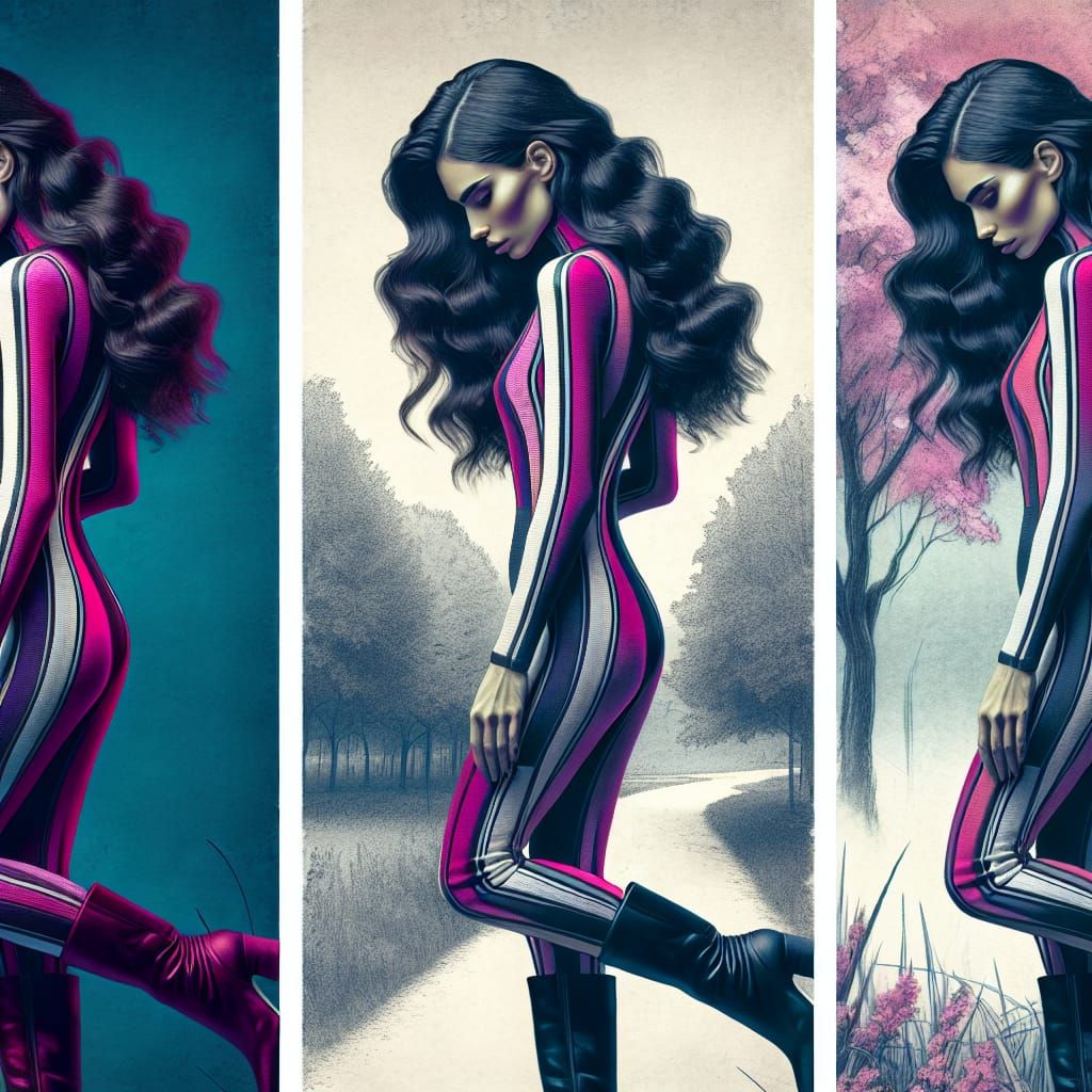 A conceptual mixed style work in 3 colours (a beautiful white woman in a catsuit with extremely thick bold (6 inches) ma...