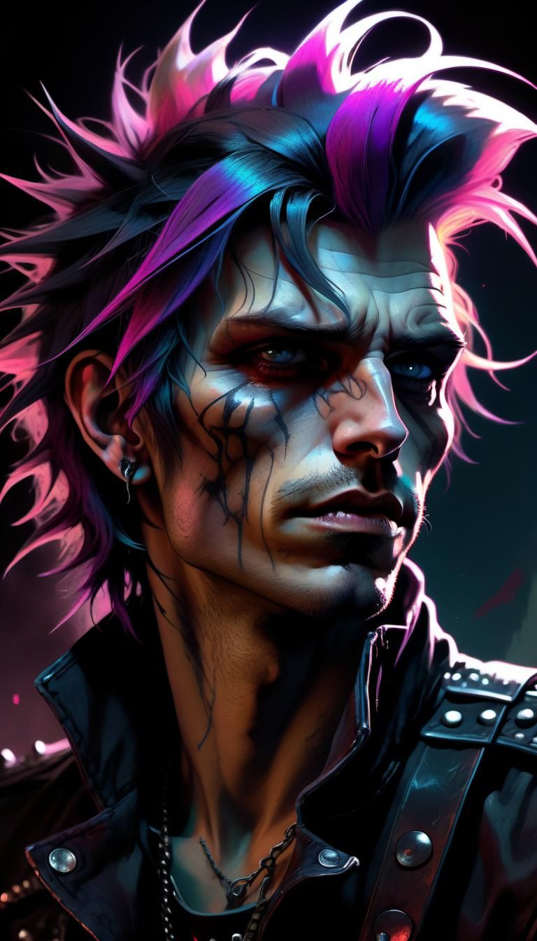 Punk Rocker's Dark Fantasy Escape: Art Nouveau Portrait