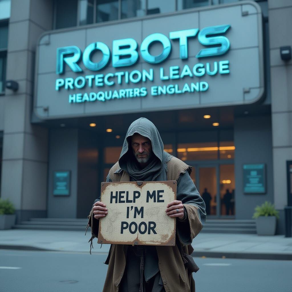 Dystopian Beggar Outside Robots Protection League Headquarte...