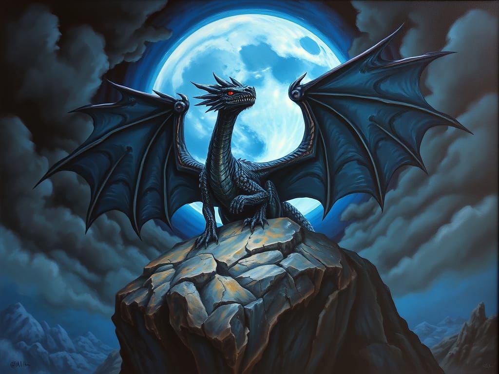 Dragon Silhouette Under Blue Moon, in Surreal Style