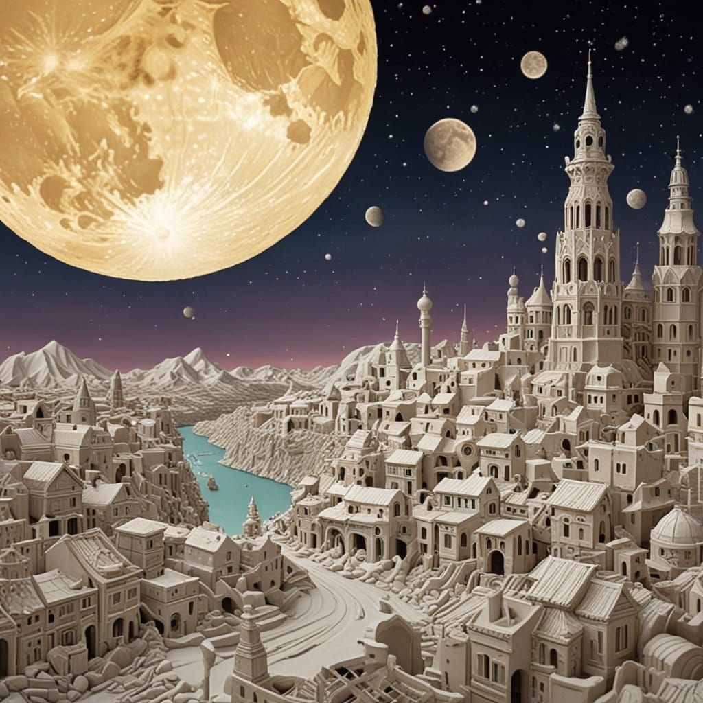 Surreal Moon with Insect Cities, Van Gogh Style