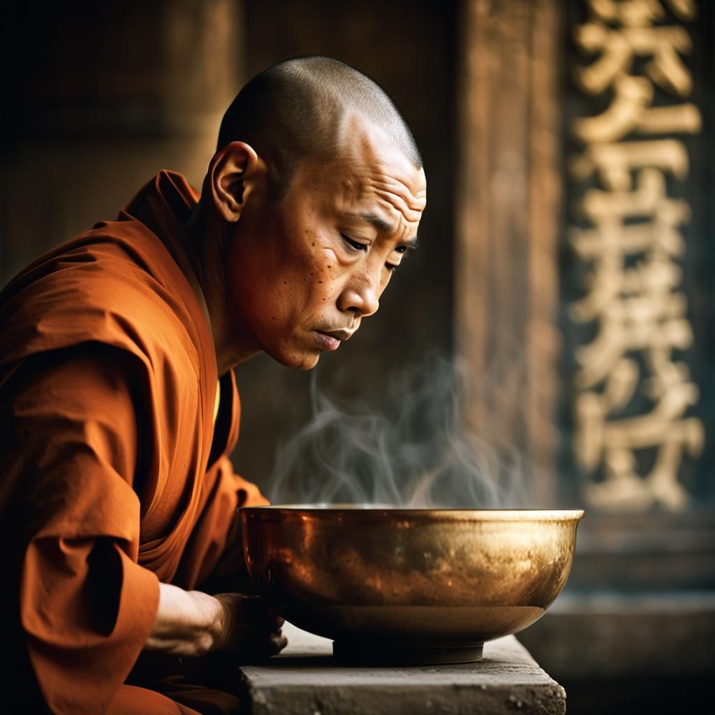 Shaolin Monk Playing Bowl: Gregory Colbert Style