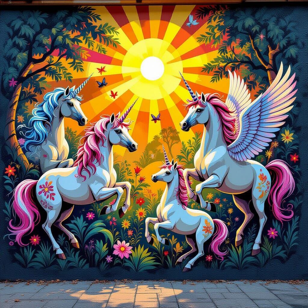 Vibrant Garden Mural: Cheerful Exotic Animals and Unicorns