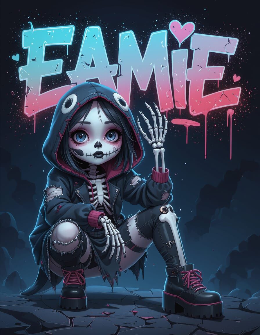 Gothic Penguin Girl with Skeleton Face, Digital Art