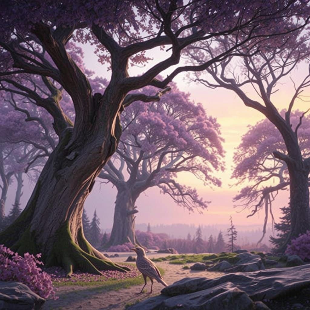 Serene Forest Scene at Sunrise or Sunset