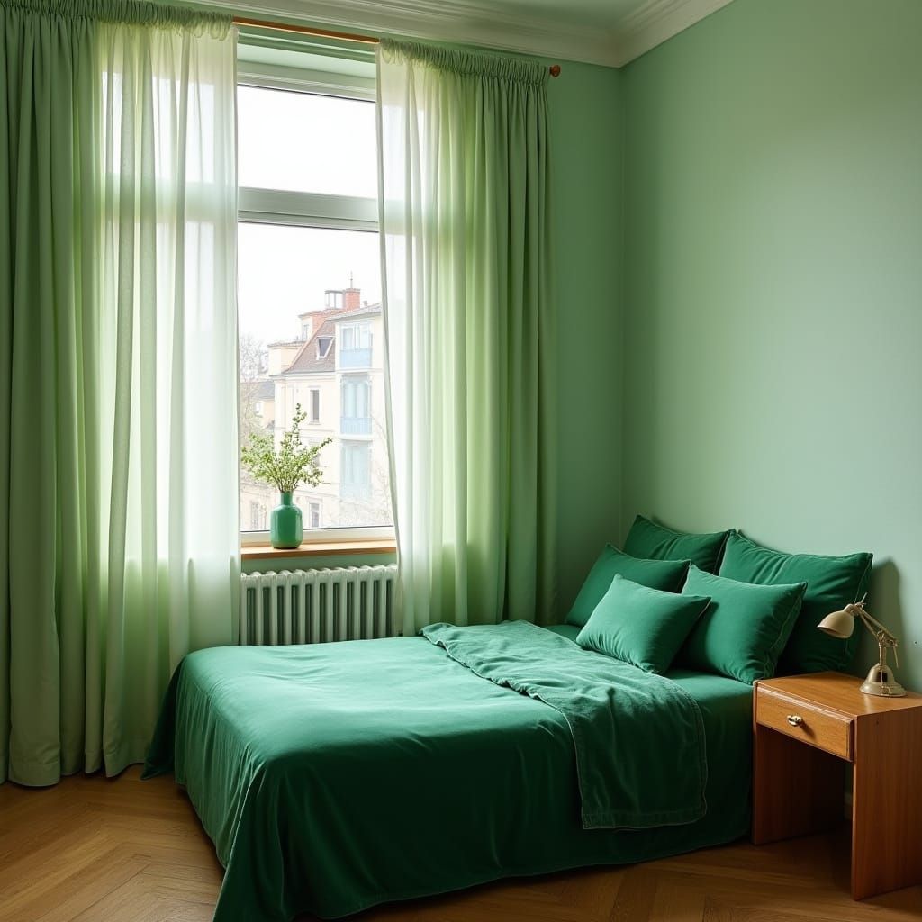 Emerald Green Bed in Mid-Century Modern Bedroom