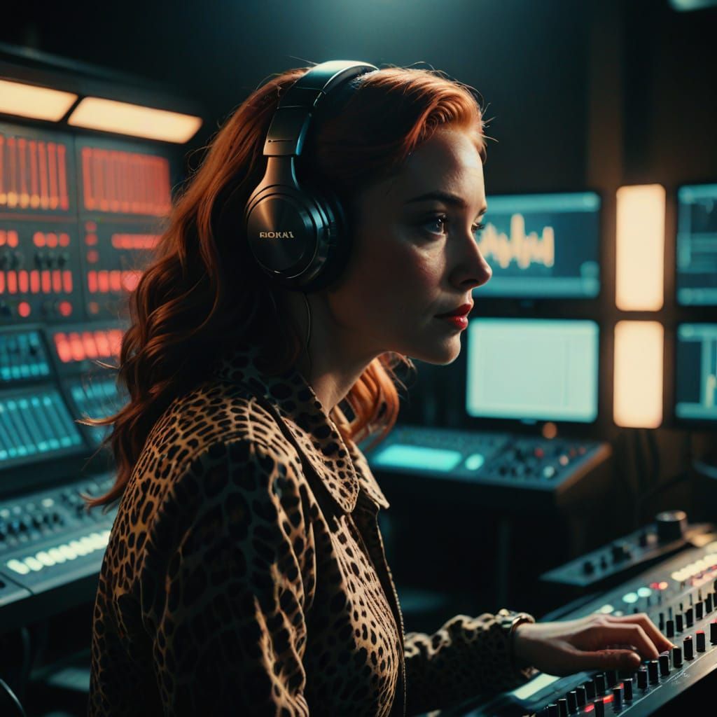 Sultry Woman in Leopard Print, Fiery Red Hair, and Golden Ho...