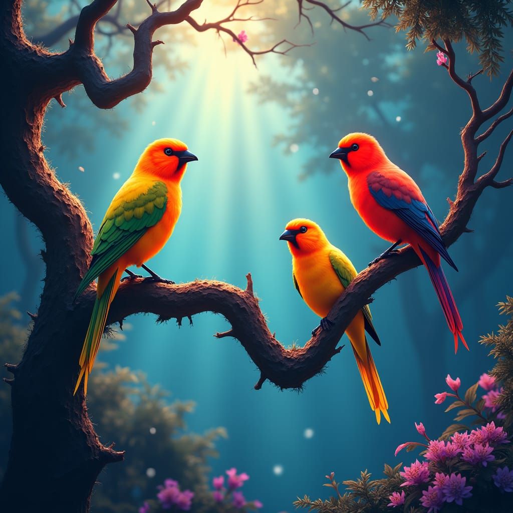 Fluorescent Birds in Lush Forest, Detailed Digital Art
