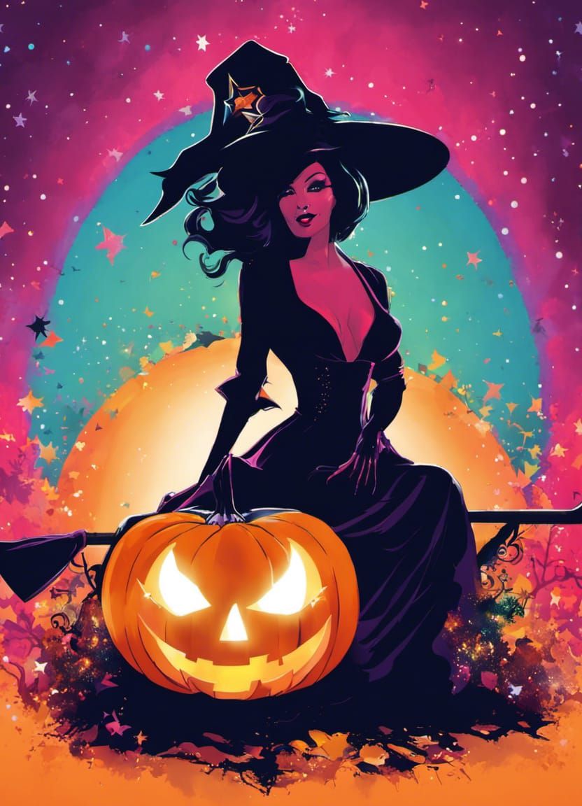 Halloween Witch Silhouette with Cosmic Sparkles