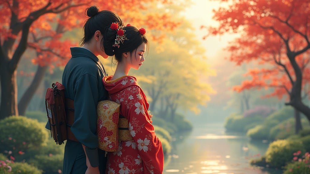 Geisha and Samurai Embrace in Anime Style