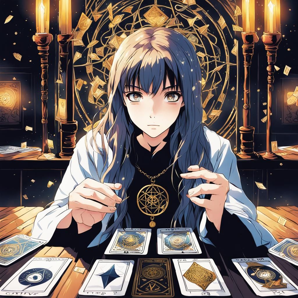 young woman is handling tarot cards, with a (captive look ey...