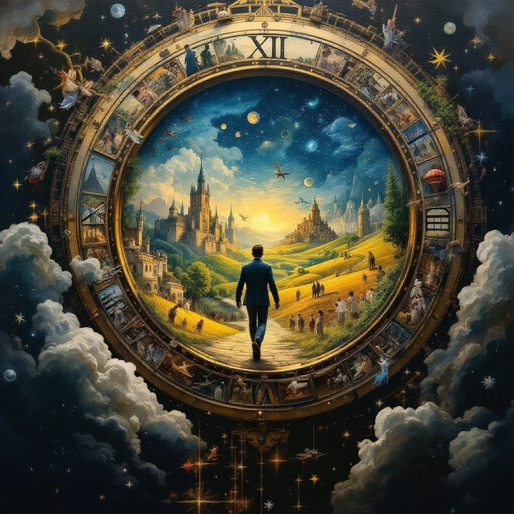 Time Traveler Enters Clock: Gouache Fantasy Painting