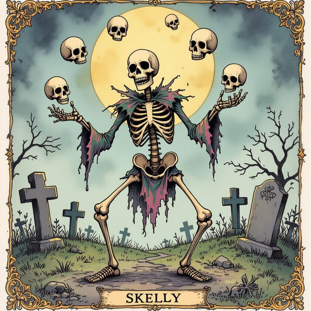 Eerie Skelly Juggles Skulls in Graveyard