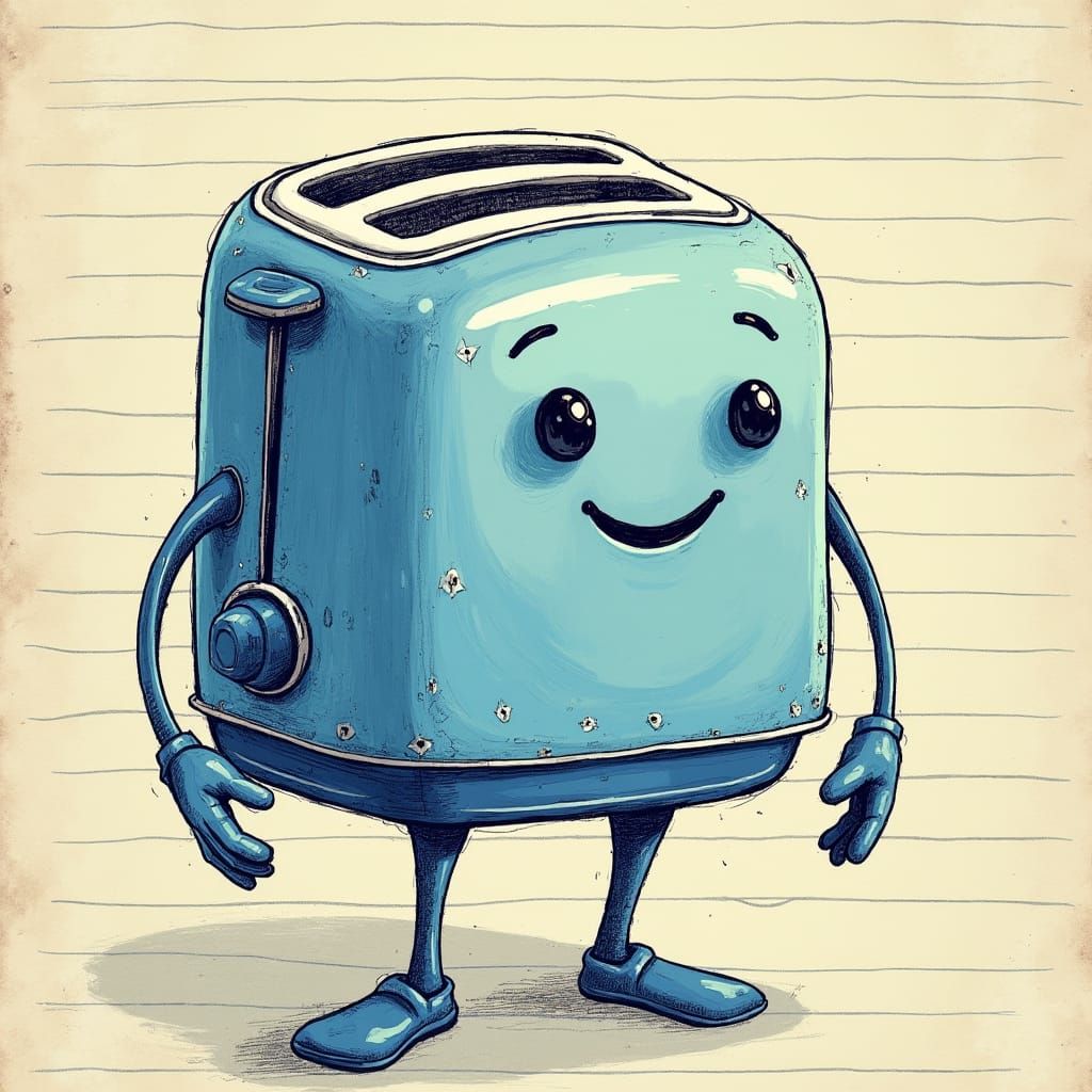 Anthropomorphic Toaster Sketch in Ballpoint Pen Style