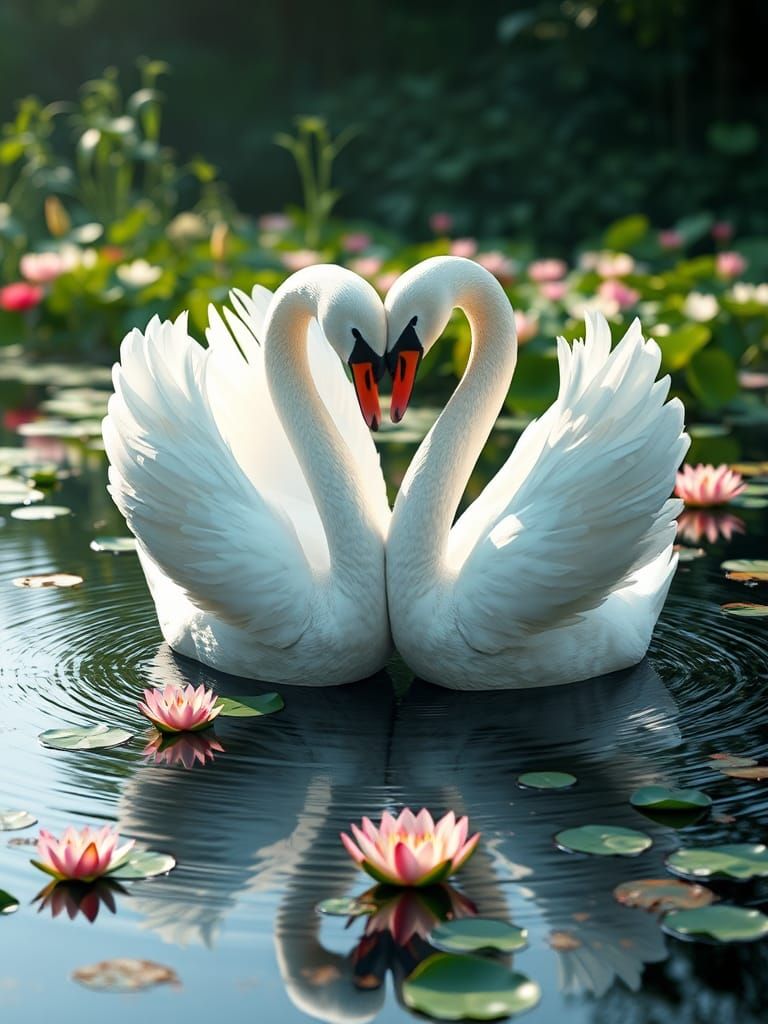 Majestic Swans Form Heart on Pond: 3D Anime Art
