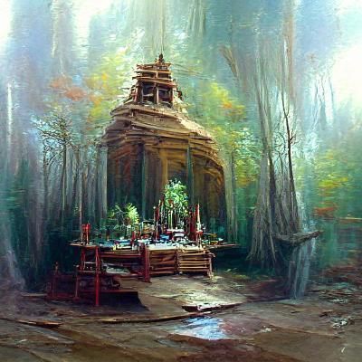Lush Forest Temple in Oil Painting Style