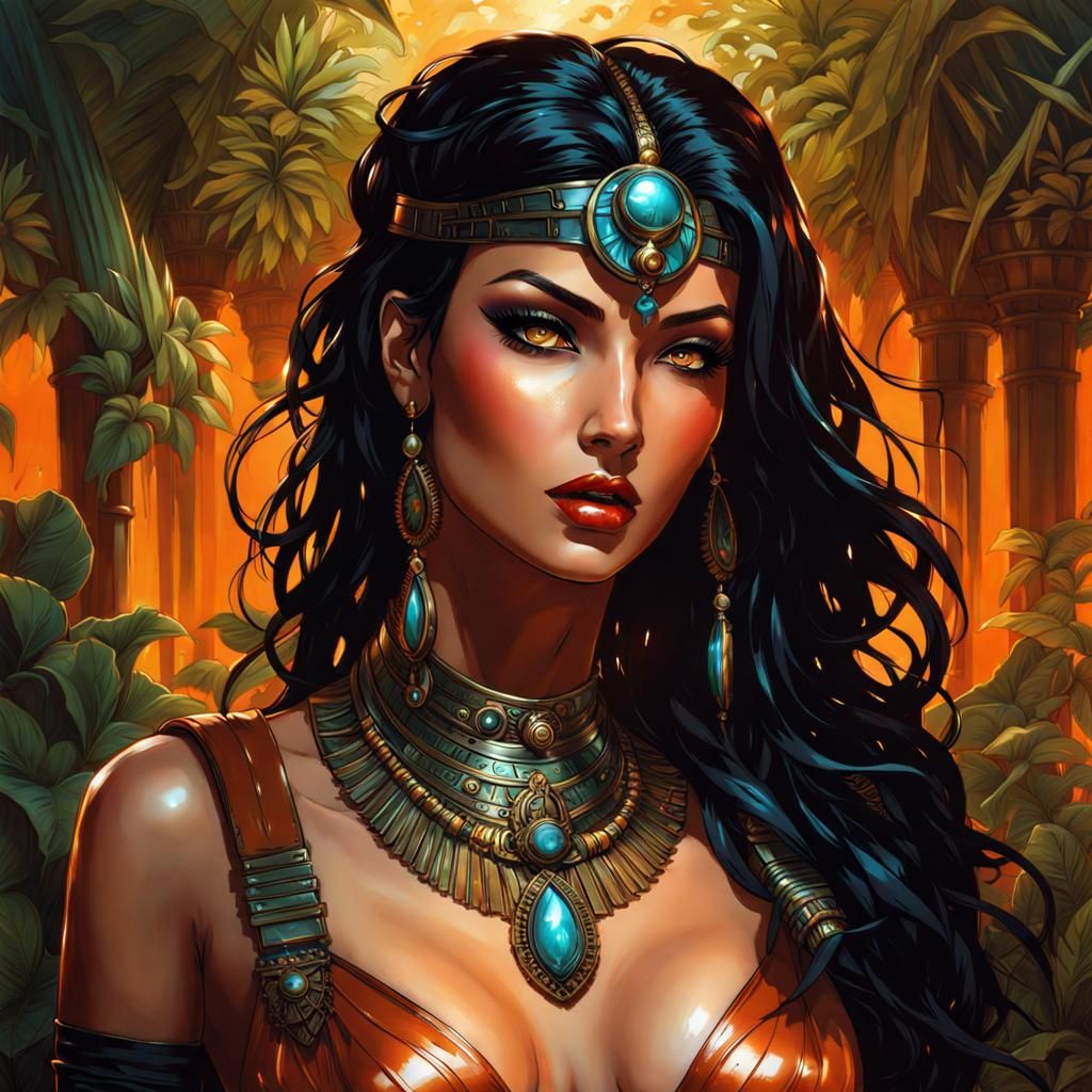 Elegant Future Egyptian Woman in Psychedelic Garden