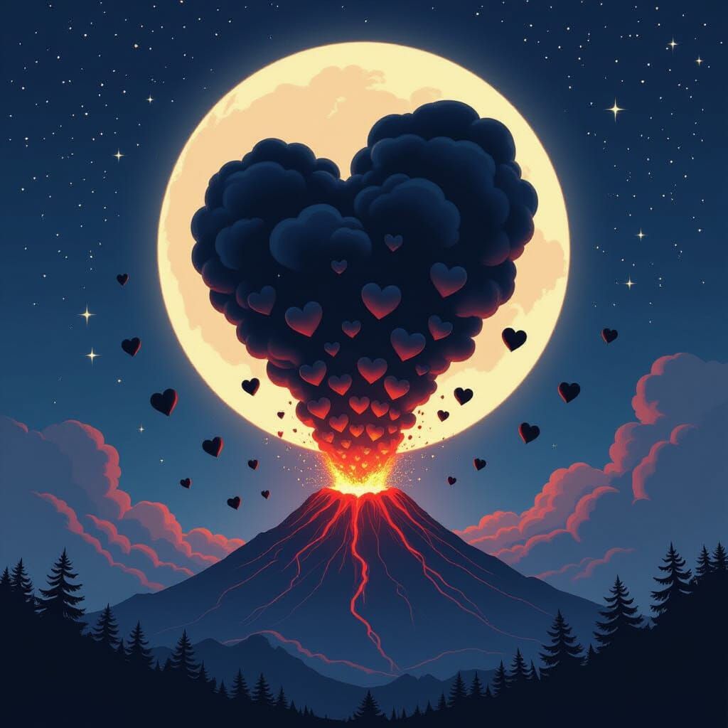 Volcano Erupts Black Hearts Under Starry Night Sky