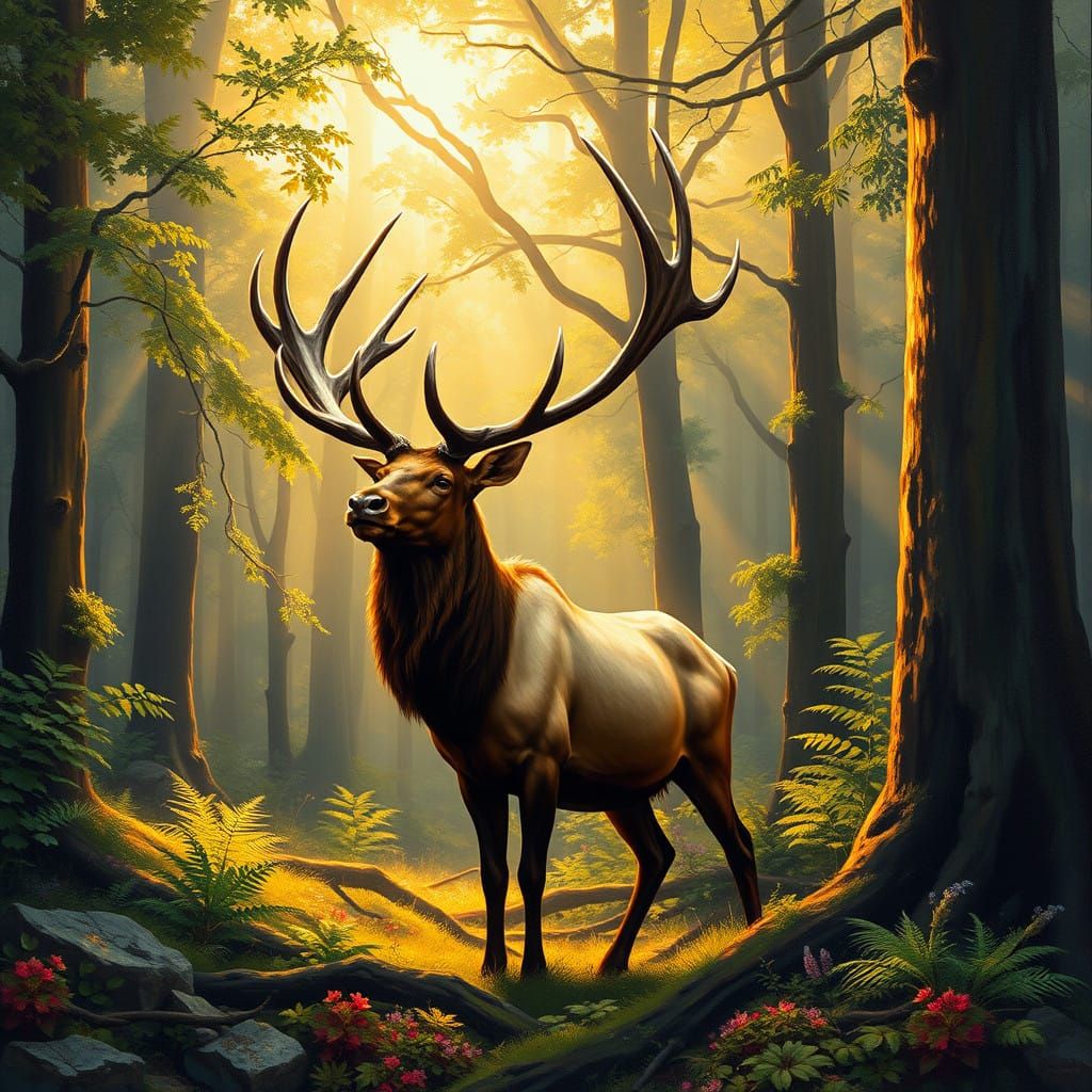 Majestic Irish Elk in a Lush Forest Landscape