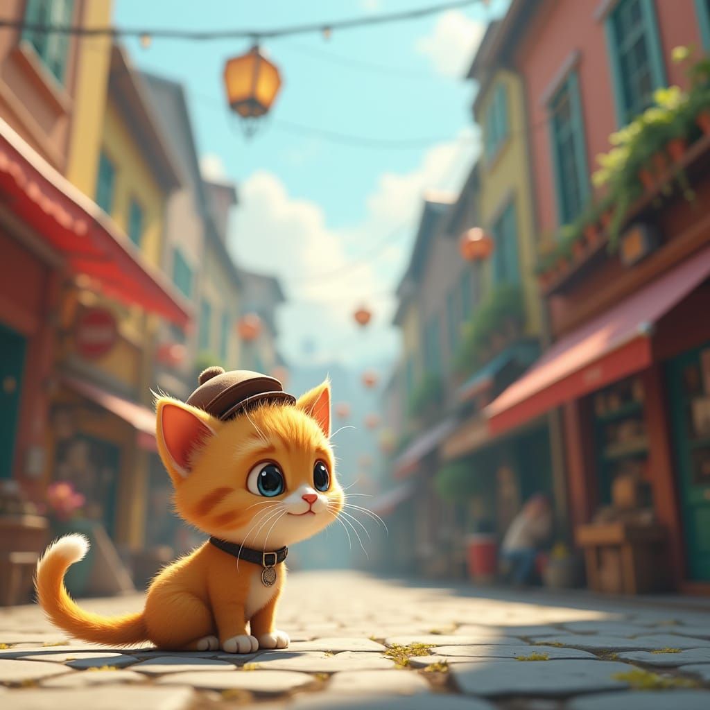 Whimsical City with Adorable Cat in Hyper-Realistic 8K