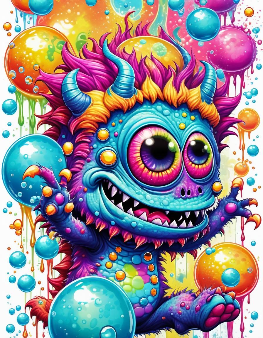 Psychedelic Neon Chibi Monster, Cartoon Watercolor Art