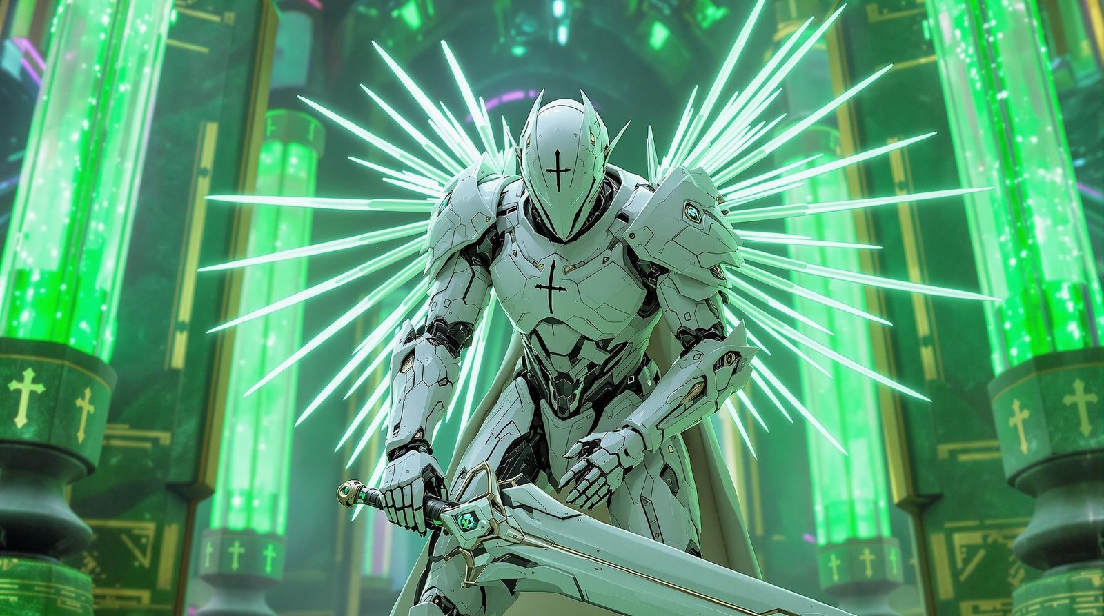 Cyberpunk Knight with Angel Wings: Robotic Hero in Dark High...