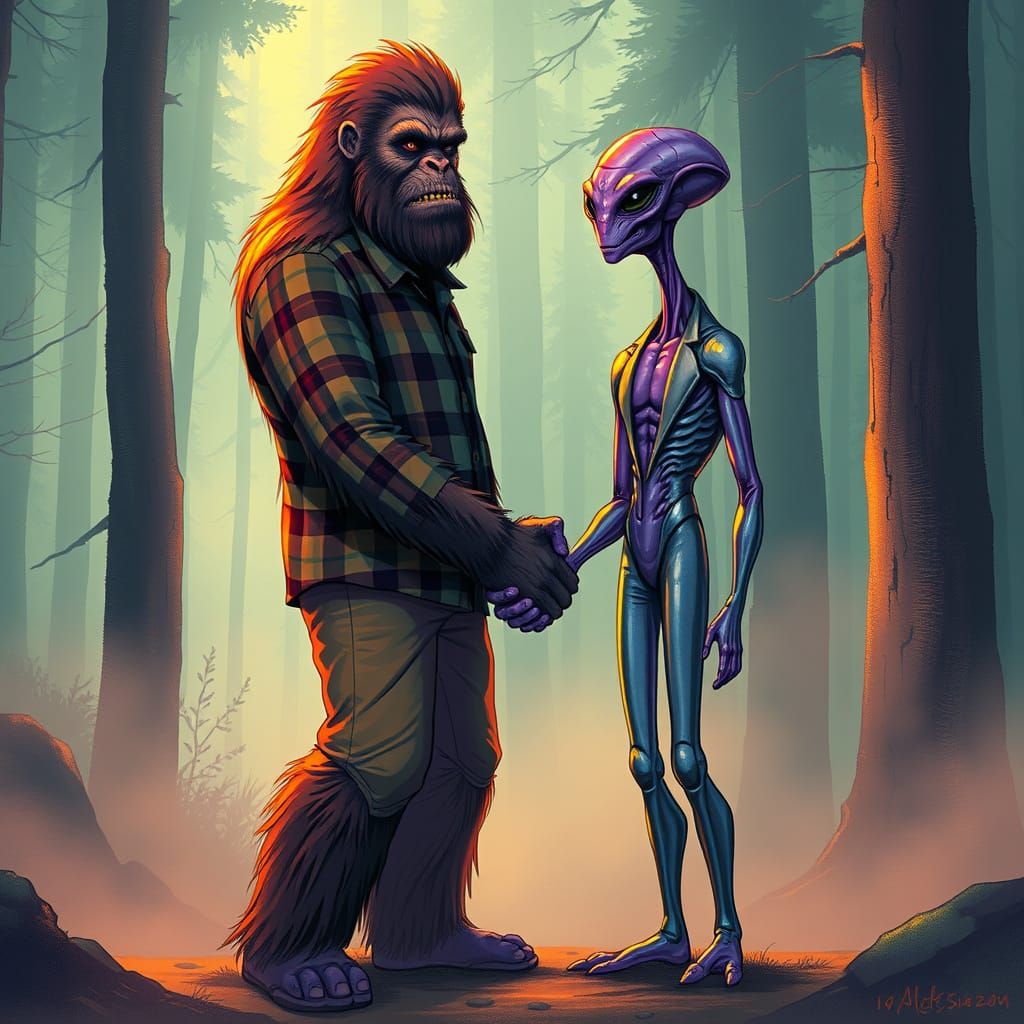 Bigfoot and Alien Share a Secret in Misty Forest