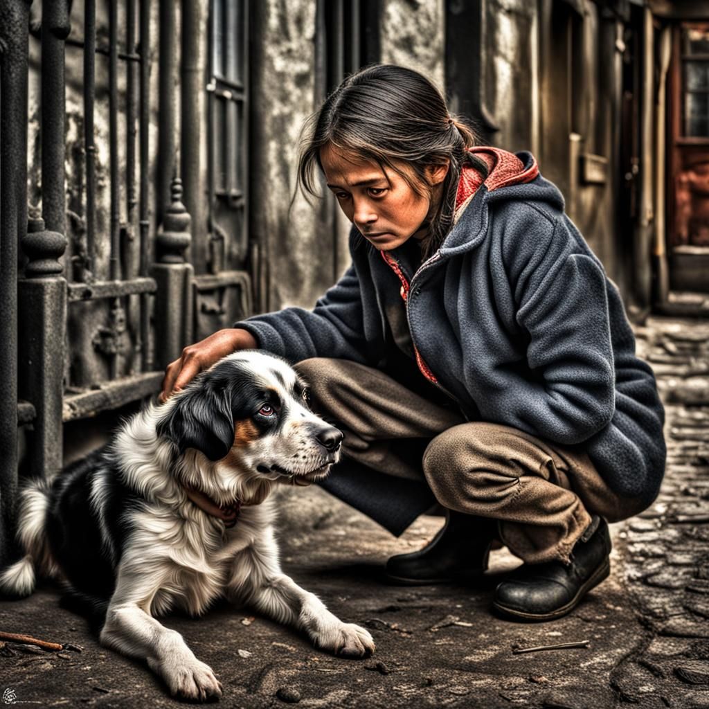 Young Woman Helps Sick Dog: Hyperrealistic Image