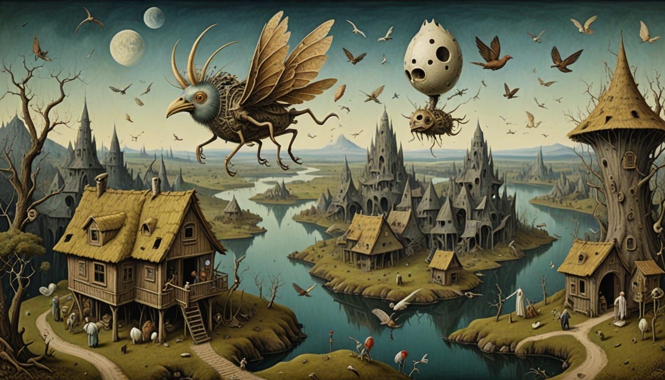 Baba Yaga's Magical Hut-Plane Over Hieronymus Bosch Landscap...