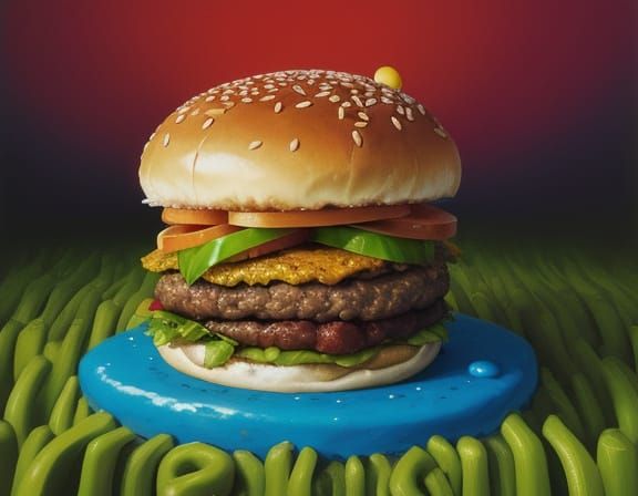 Surreal Garden Gnome on Melting Hamburger Painting