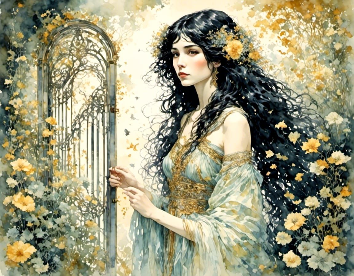 Art Nouveau Woman at Garden Gate in Klimt Style