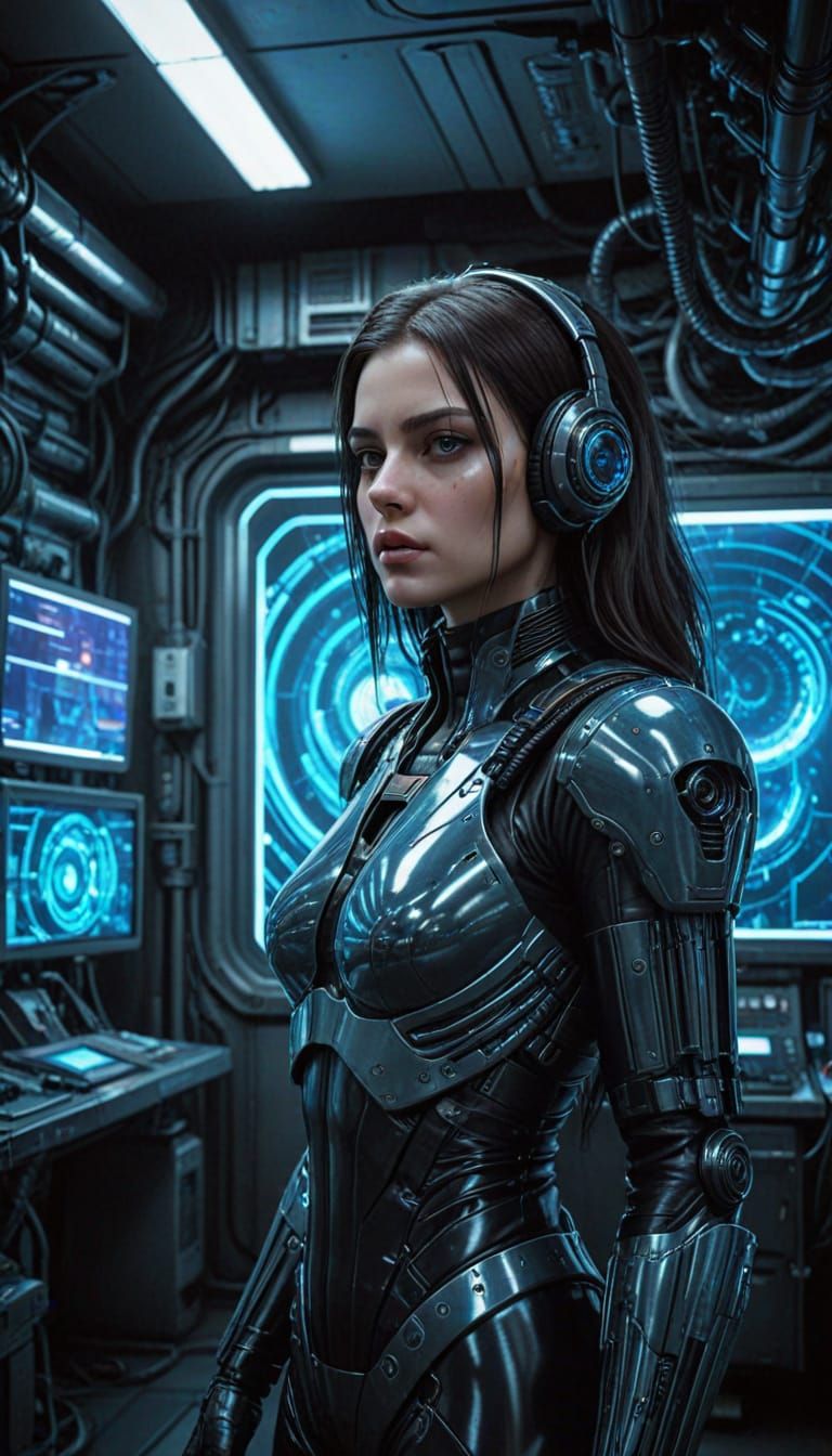 Cyberpunk Pilot Amidst Glitching Holograms