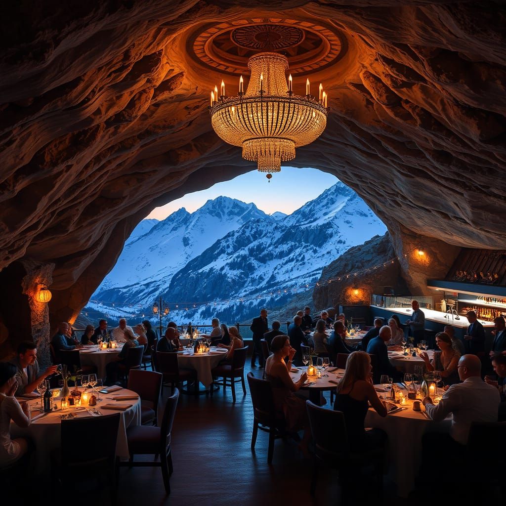 Cave Restaurant with Mountain View in Sci-Fi Style