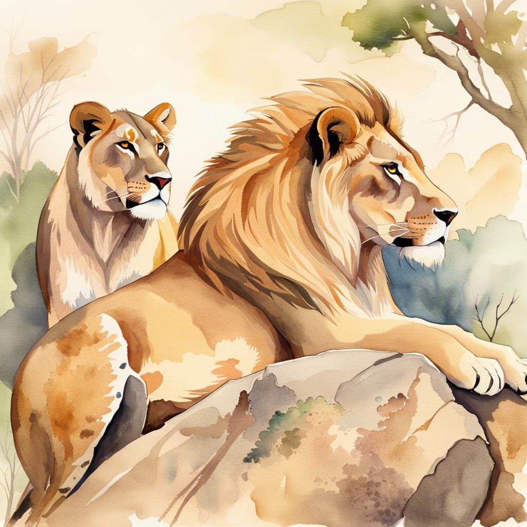 Lions in Savannah: Soft Watercolor