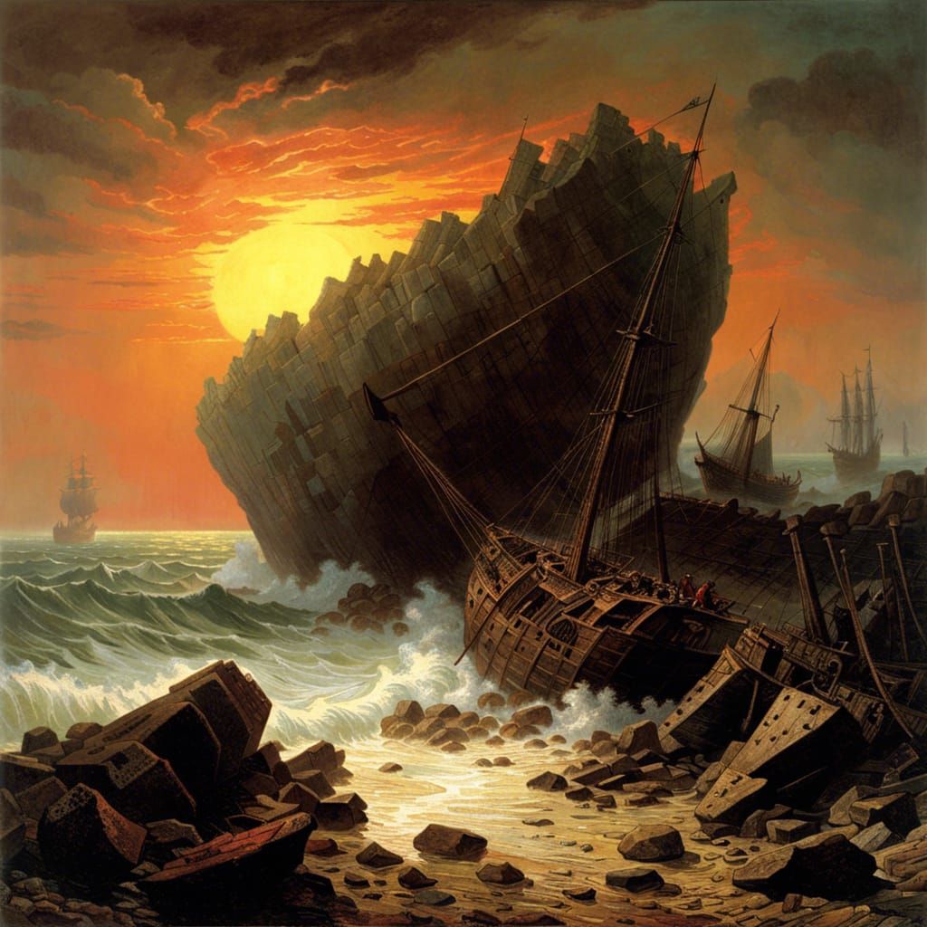 Wrecked Ship on Rocky Beach in Romantic Style