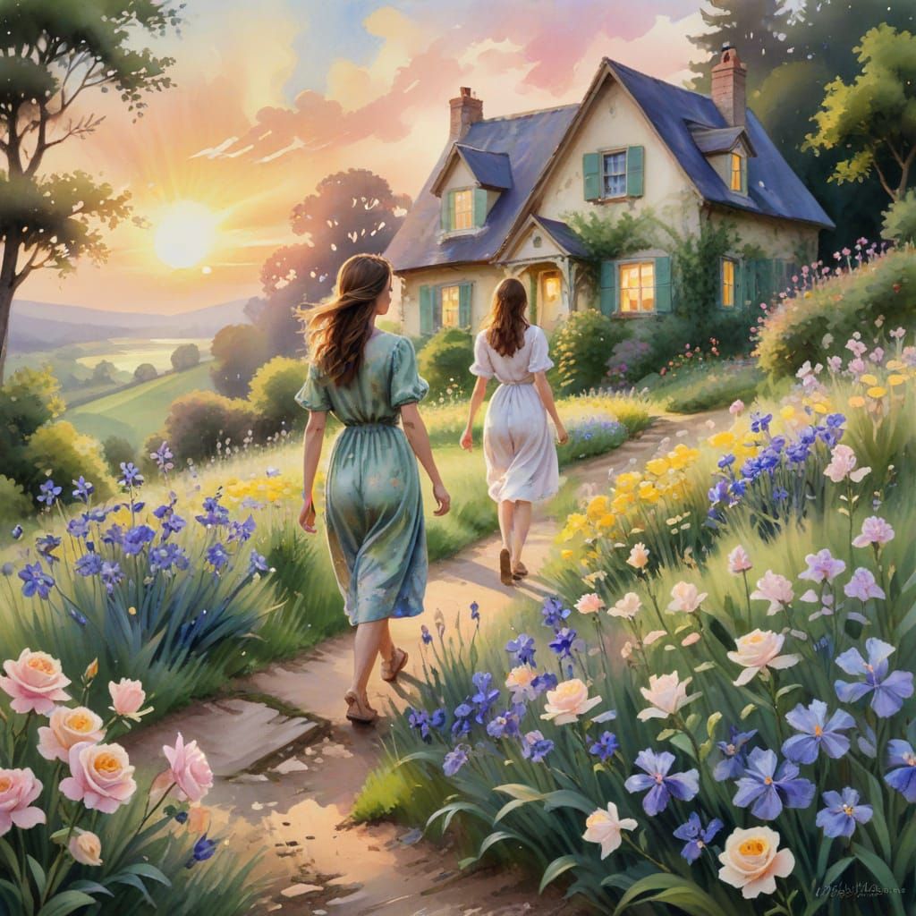 Impressionist Cottage Scene with Blooming Garden