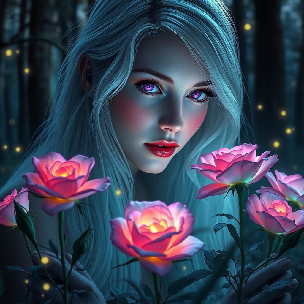 Ethereal Woman in a Glowing Rose Garden