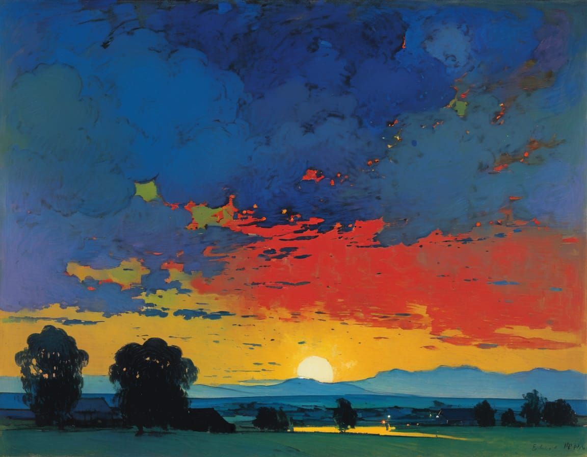 Expressionist Evening Landscape in Deep Blues and Greens