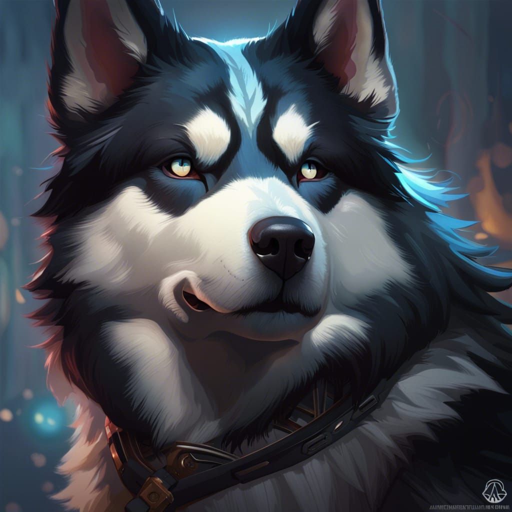 Hyperdetailed Portrait of a Black Siberian Husky