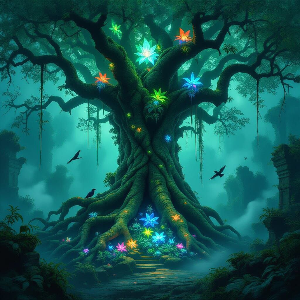 Ancient Tree Entwined with Ruins in Ethereal Jungle
